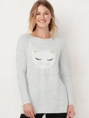 LC Lauren Conrad Sequin Kitty Cat Tunic Pullover Sweater Size Large